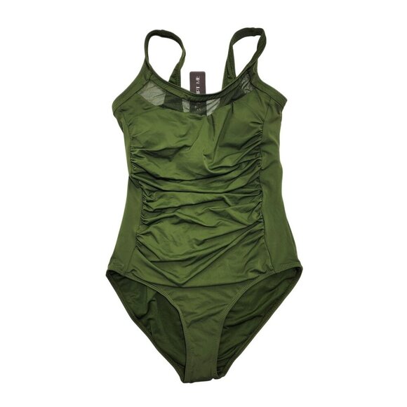 Green One-Piece Ruched Swimsuit  Mesh Inserts By Tempt Me Size S Womens - Picture 1 of 7